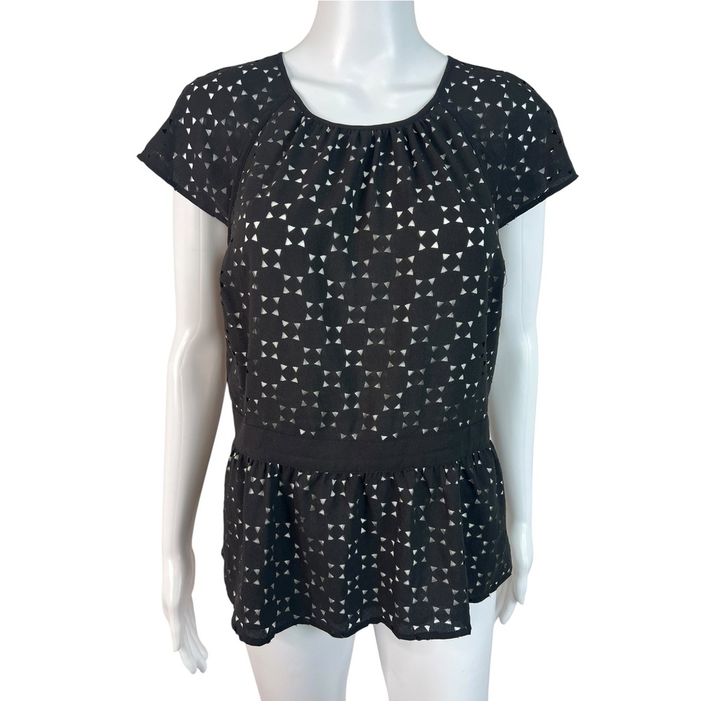 Ann Taylor Blouse Top Black Geometric Laser Eyelet Peplum Career Modern Size 6